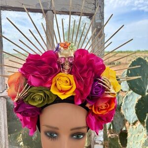 Floral Skull Headpiece with Gold Accents